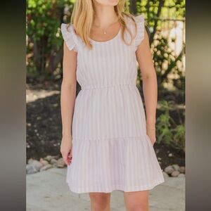 Ruffle Butts Pink & White Striped Cotton Tiered Dress with Ruffle Shoulders